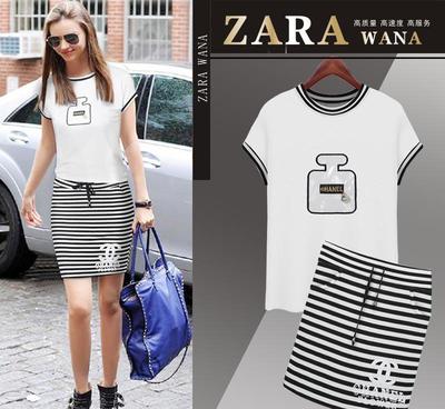 歐洲站Zara wana套裝新款夏歐美女裝香水瓶T恤+條紋短